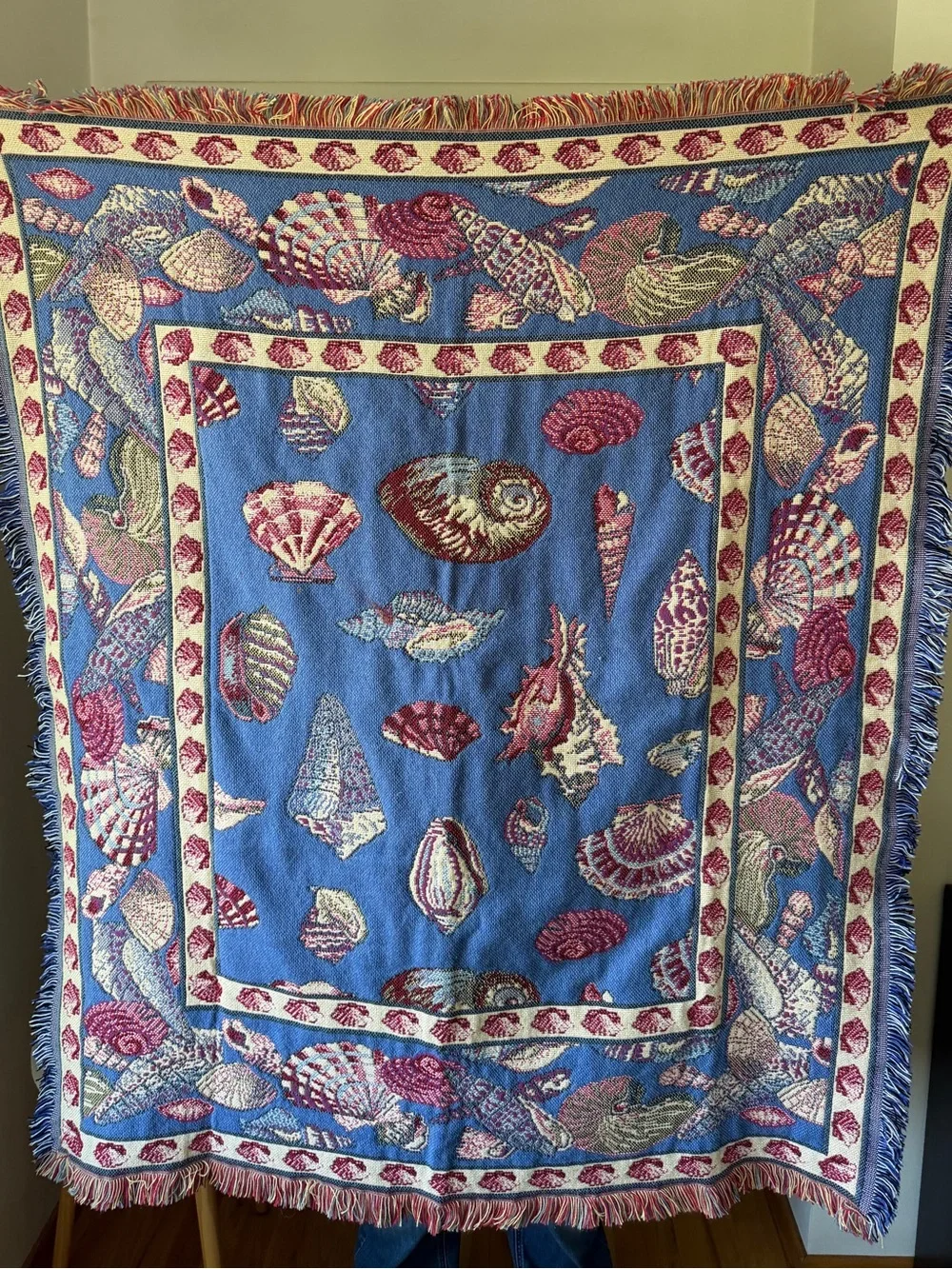 Seashell Woven Throw Blanket - Blue, Pink & Cream